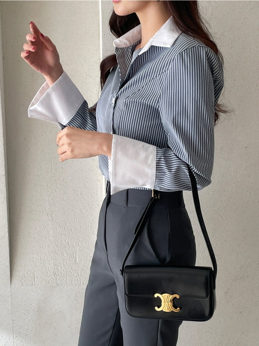 モダン コントラスト ストライプ ロングシャツ (2color)