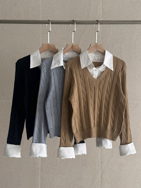 クラシック レイヤード ケーブル ニットセーター (3color)