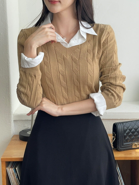 クラシック レイヤード ケーブル ニットセーター (3color)