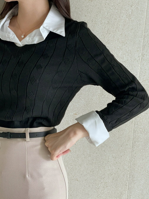 クラシック レイヤード ケーブル ニットセーター (3color)