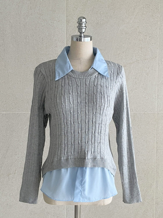 クラシック レイヤード風 襟ニット プルオーバー (2color)