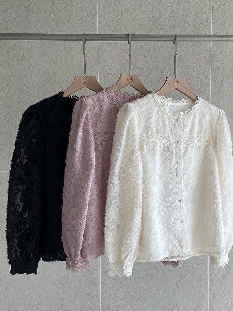 ロマンティック レース パールボタン ブラウス (3color)