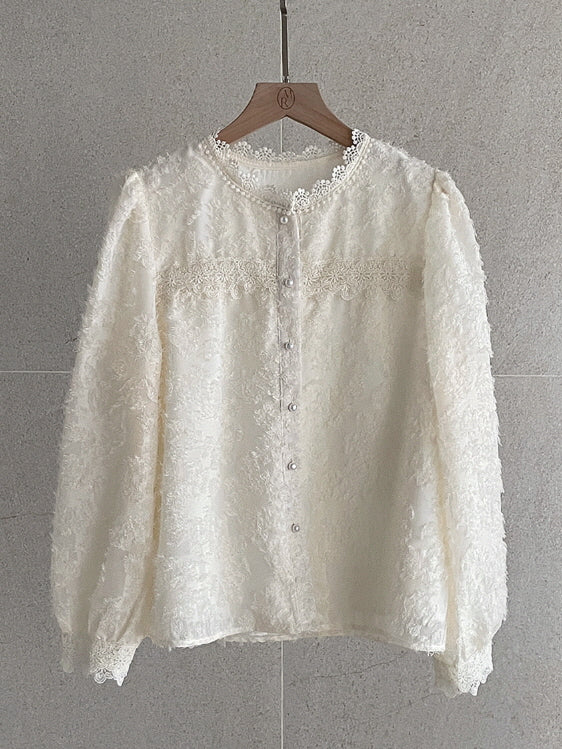 ロマンティック レース パールボタン ブラウス (3color)