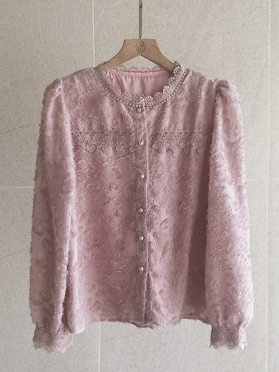 ロマンティック レース パールボタン ブラウス (3color)