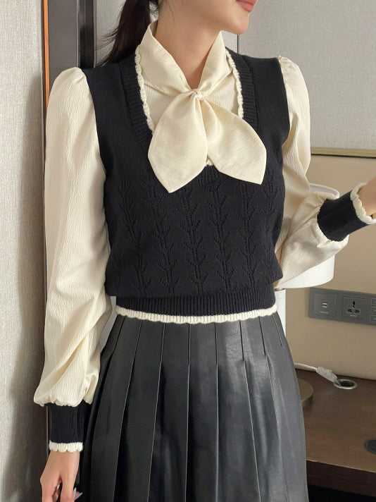 リボンニット レイヤード ブラウス (2color)