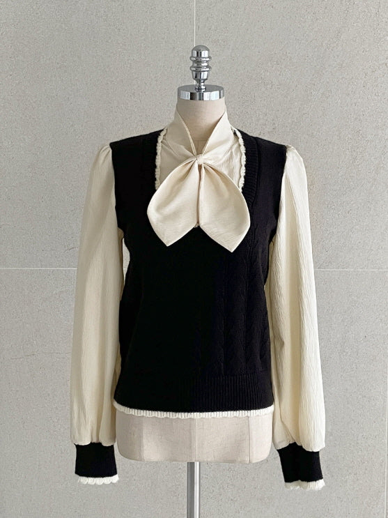 リボンニット レイヤード ブラウス (2color)