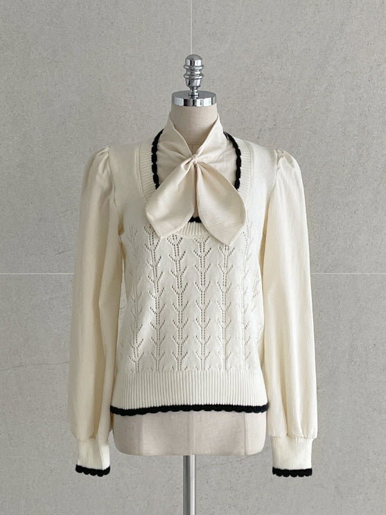 リボンニット レイヤード ブラウス (2color)