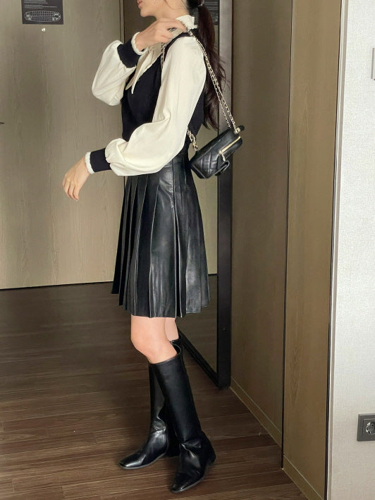 クラシック ブラック プリーツ レザースカート