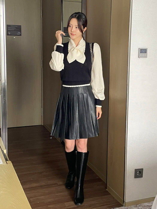 クラシック ブラック プリーツ レザースカート