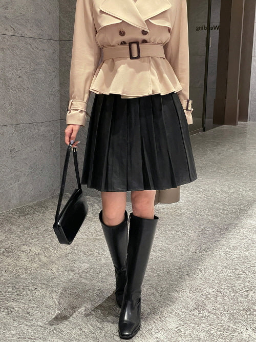クラシック ブラック プリーツ レザースカート