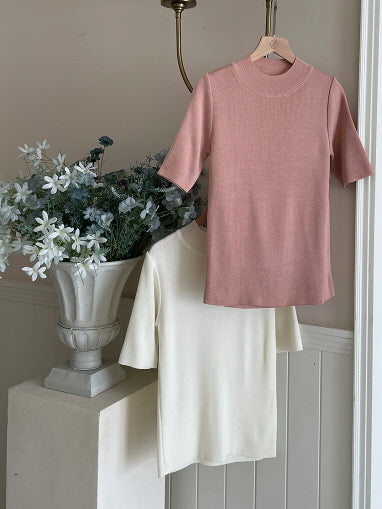 シンプル ベーシック 半袖ニット トップス (5color)