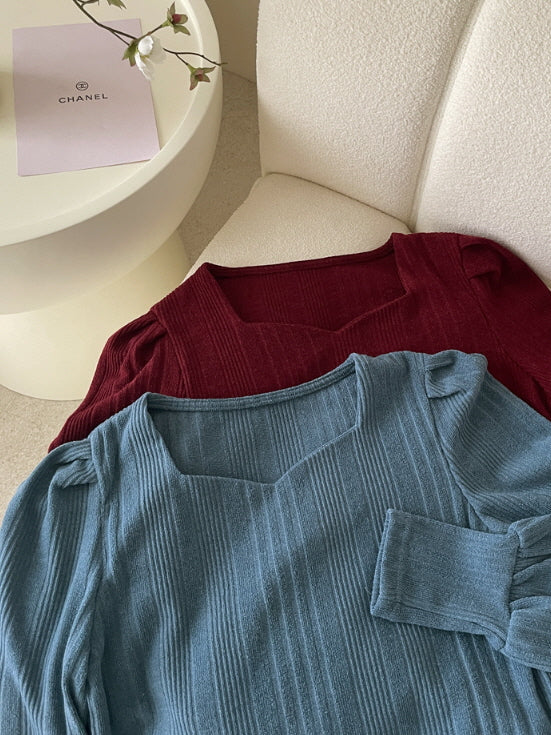 ハートネック パフスリーブ リブニット トップス (6color)