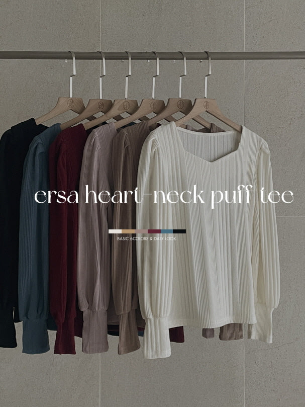 ハートネック パフスリーブ リブニット トップス (6color)