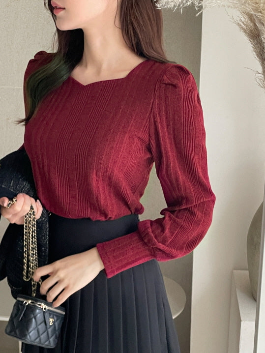 ハートネック パフスリーブ リブニット トップス (6color)