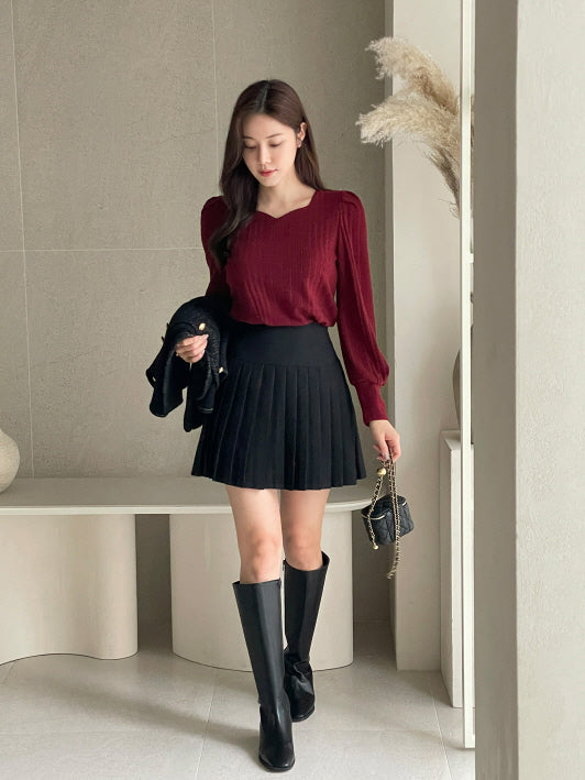 ハートネック パフスリーブ リブニット トップス (6color)