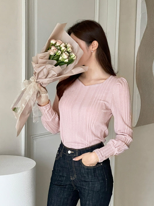 ハートネック パフスリーブ リブニット トップス (6color)