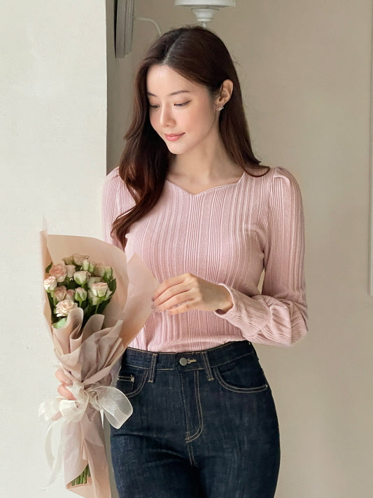 ハートネック パフスリーブ リブニット トップス (6color)