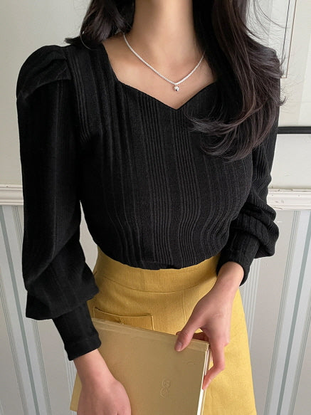ハートネック パフスリーブ リブニット トップス (6color)