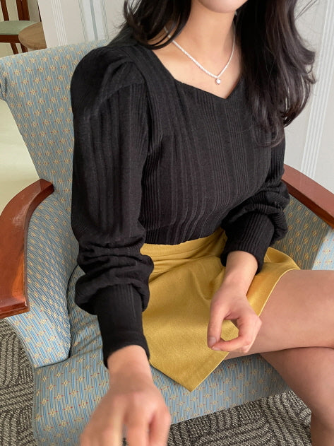 ハートネック パフスリーブ リブニット トップス (6color)