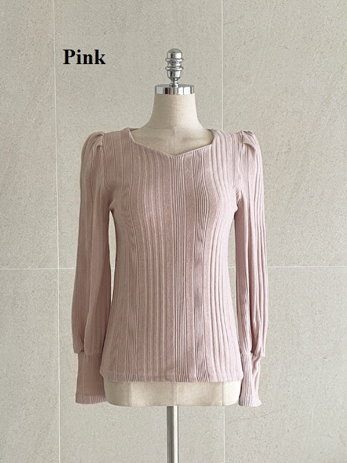 ハートネック パフスリーブ リブニット トップス (6color)