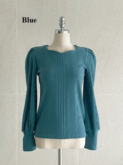 ハートネック パフスリーブ リブニット トップス (6color)
