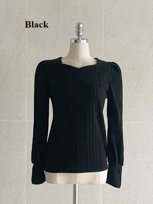 ハートネック パフスリーブ リブニット トップス (6color)