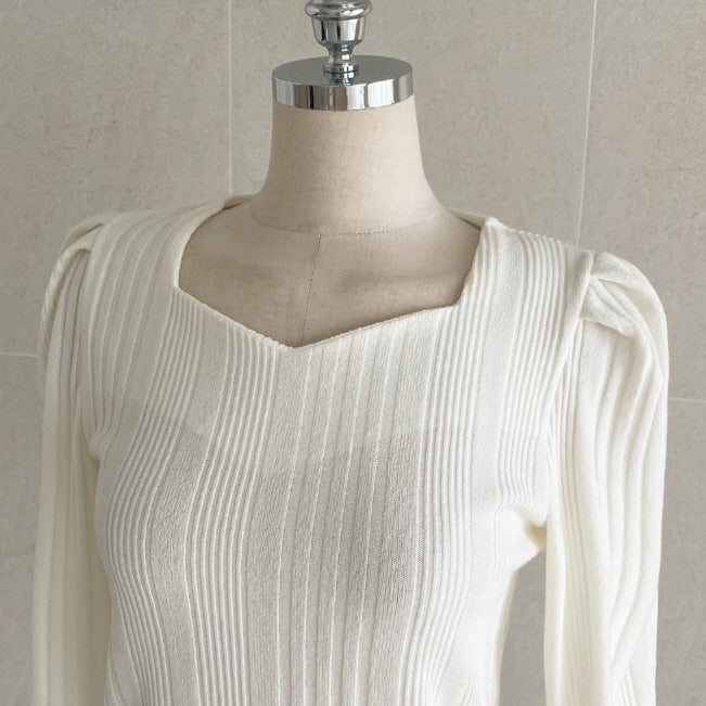 ハートネック パフスリーブ リブニット トップス (6color)