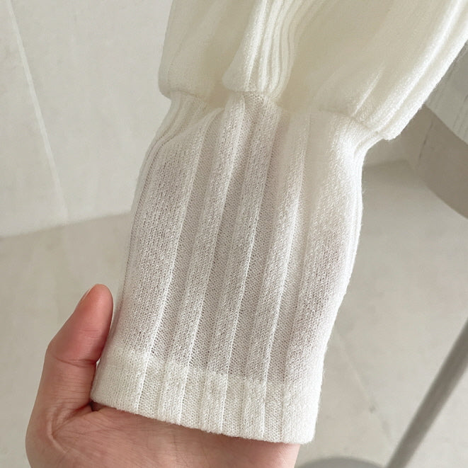 ハートネック パフスリーブ リブニット トップス (6color)