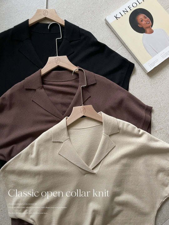 クラシック オープン襟ニット トップス (3color)