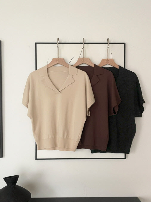 クラシック オープン襟ニット トップス (3color)