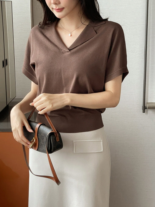 クラシック オープン襟ニット トップス (3color)