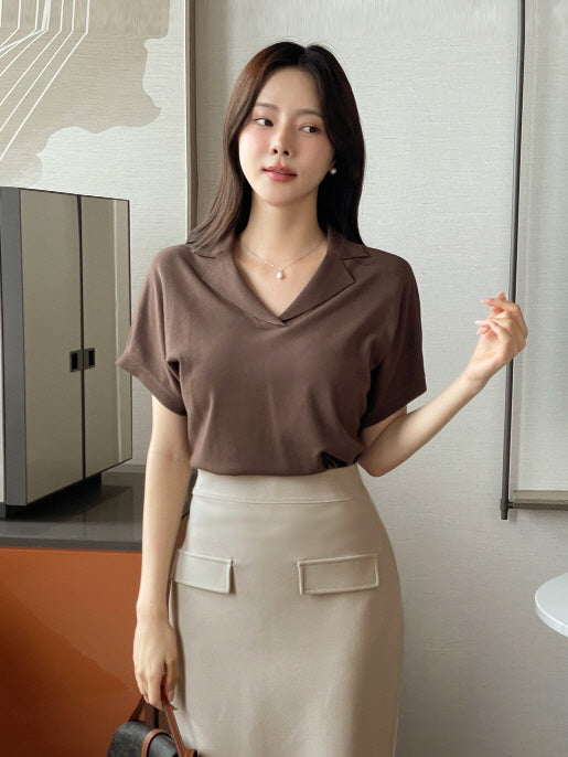 クラシック オープン襟ニット トップス (3color)