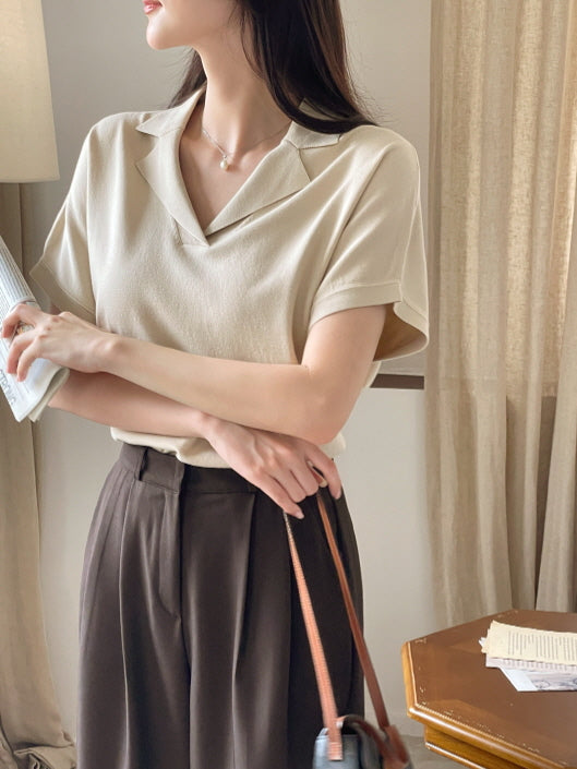 クラシック オープン襟ニット トップス (3color)