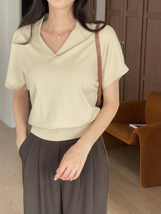 クラシック オープン襟ニット トップス (3color)
