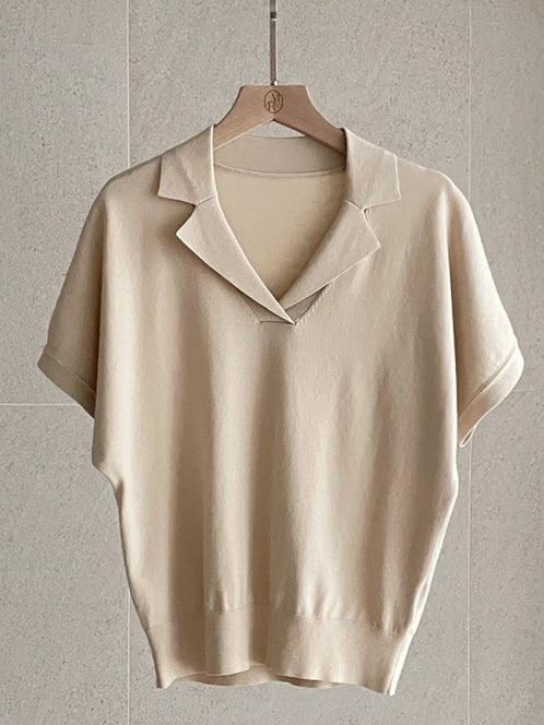 クラシック オープン襟ニット トップス (3color)