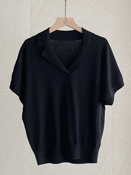 クラシック オープン襟ニット トップス (3color)