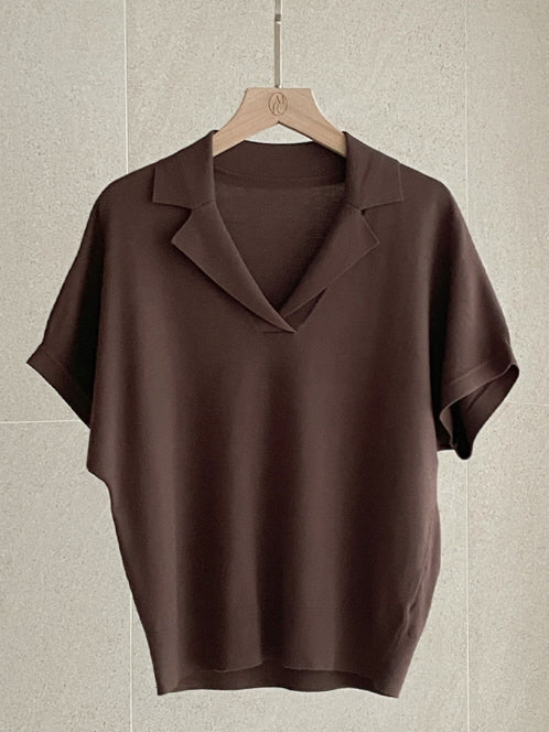 クラシック オープン襟ニット トップス (3color)