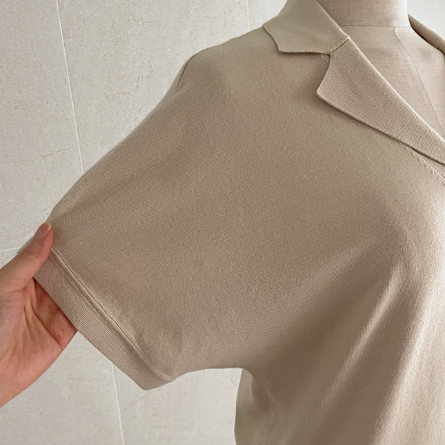 クラシック オープン襟ニット トップス (3color)