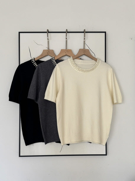 パールネックライン ニットトップス (3color)
