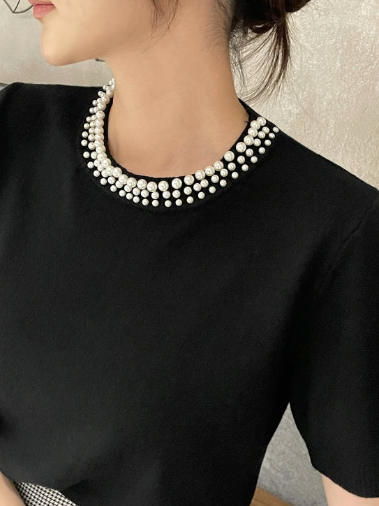 パールネックライン ニットトップス (3color)