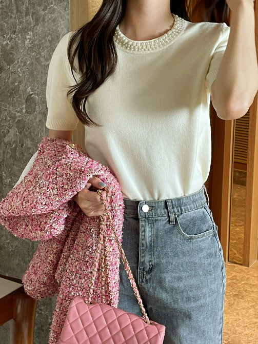 パールネックライン ニットトップス (3color)
