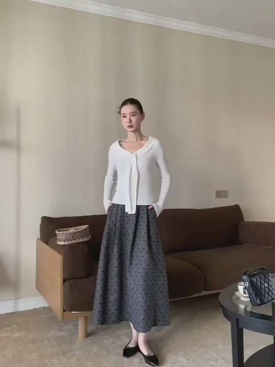 ボウ ツイード プリーツ ロングスカート