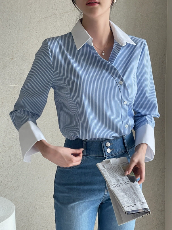 モダン コントラスト ストライプ ロングシャツ (2color)