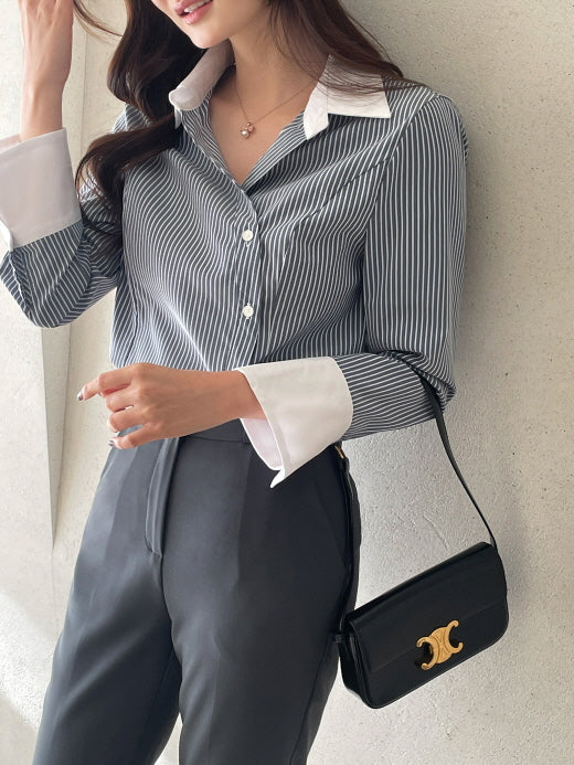 モダン コントラスト ストライプ ロングシャツ (2color)
