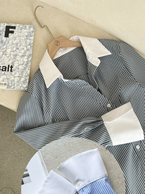 モダン コントラスト ストライプ ロングシャツ (2color)