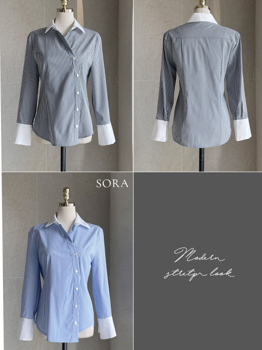 モダン コントラスト ストライプ ロングシャツ (2color)