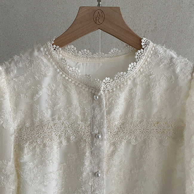 ロマンティック レース パールボタン ブラウス (3color)