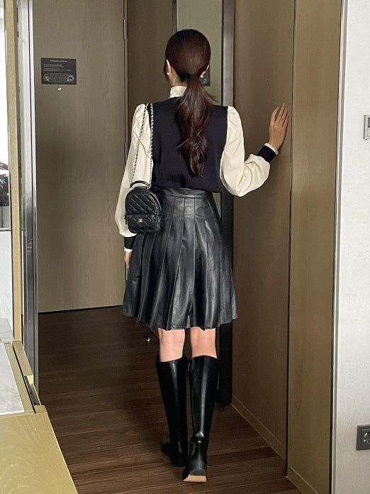 クラシック ブラック プリーツ レザースカート