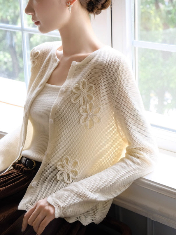フラワー刺繍ニットカーディガン＆キャミソールセット(2color)