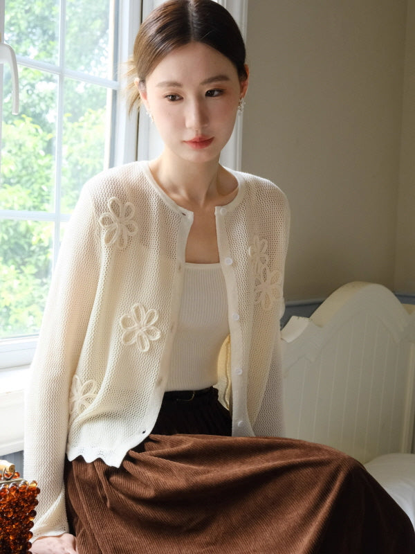 フラワー刺繍ニットカーディガン＆キャミソールセット(2color)